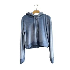 Aerie Cropped Velour Hoodie Light Blue Y2K Soft Cozy Zip Sweatshirt XL